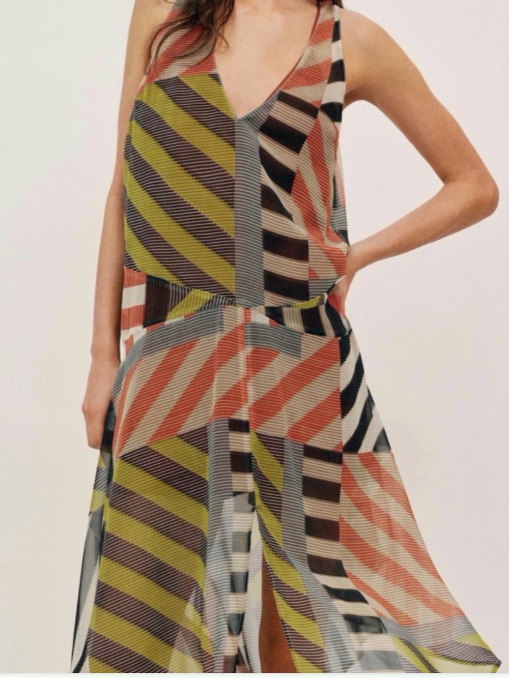 Zara Olive, Coral, Black and Cream Striped V-Neck Maxi Dress